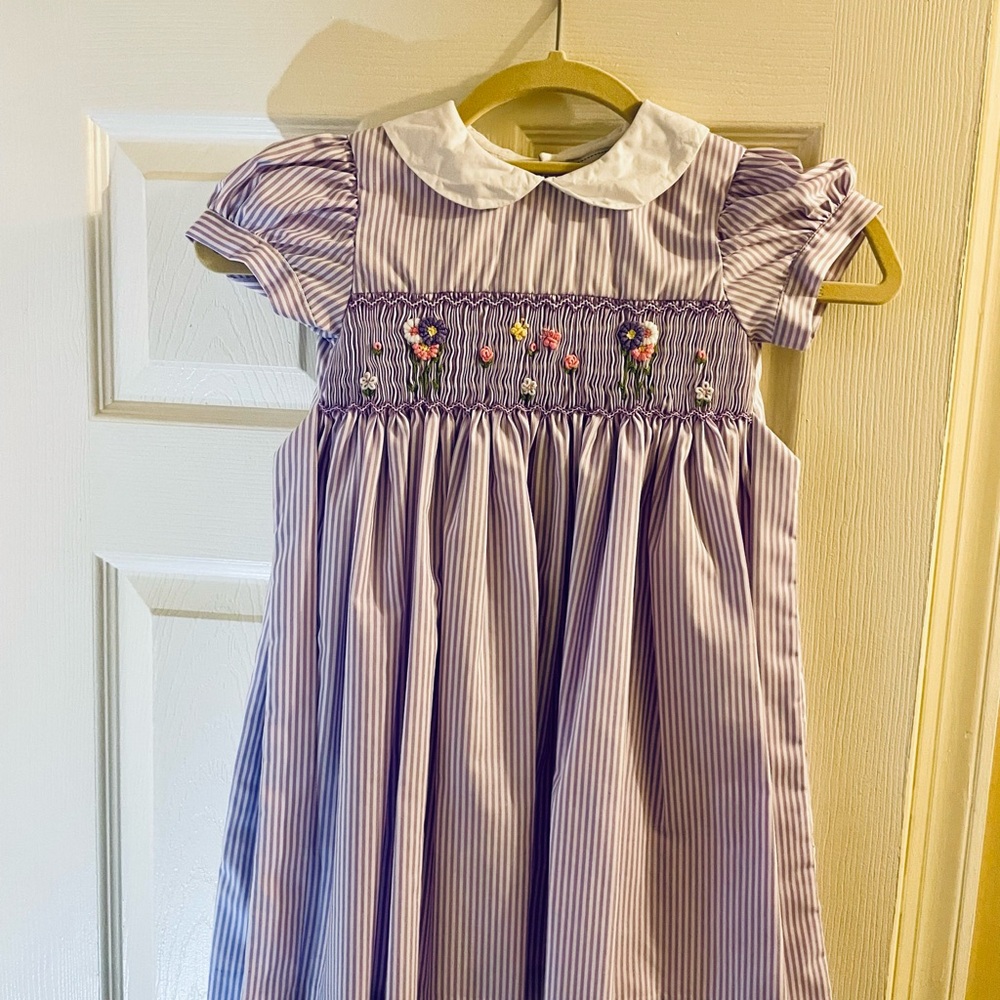 Striped Purple Kids Dress with Embroidery
